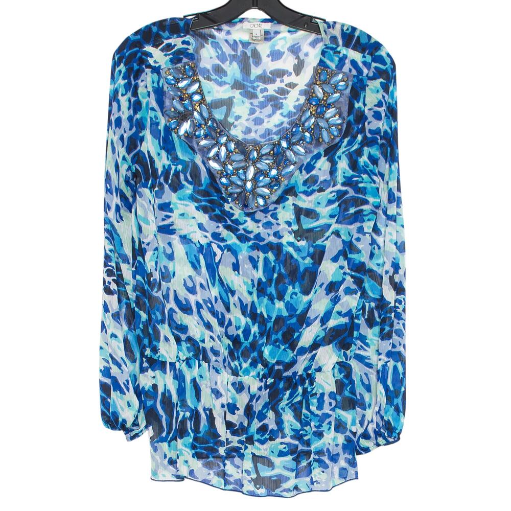 Cache Top Sheer Embellished Abstract Lightweight Resort Vacation Blue Boho S